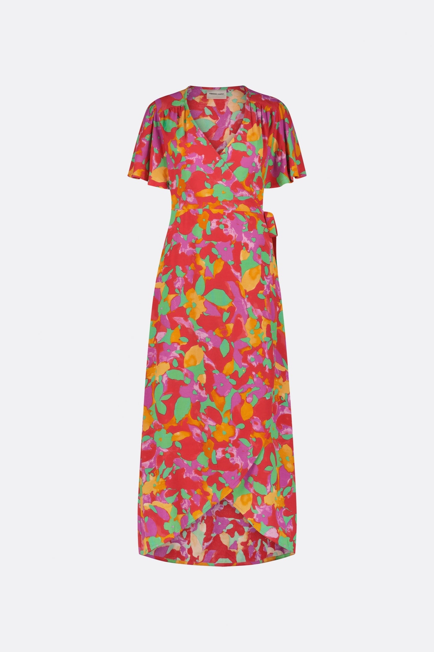 Nonchalant midi overslagjurk met ceintuur en korte wijde mouwen met print