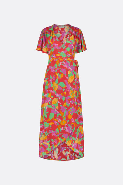 Nonchalant midi overslagjurk met ceintuur en korte wijde mouwen met print