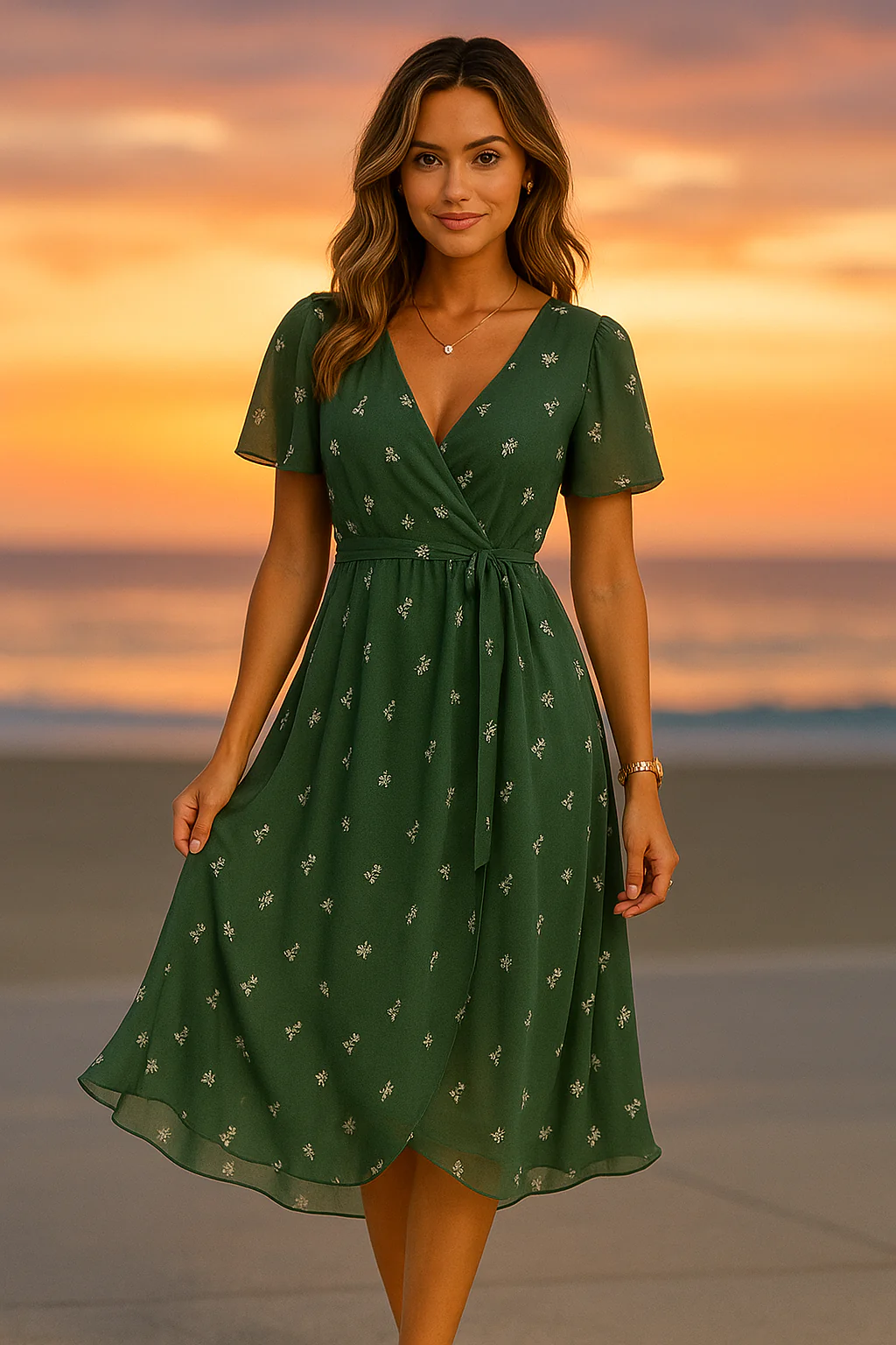 Elegante damesjurk met vloeiende pasvorm en sierlijke halslijn