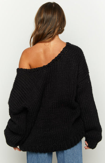 Zwarte Chunky Brei Trui - Gezellige Breikleding voor Stijlvolle Outfits