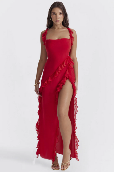 Lange elegante jurk met bandjes en ruches voor een feestelijke uitstraling