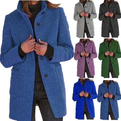 Julissa - Dames Retro Effen Wollen Knoop Coltrui Jas