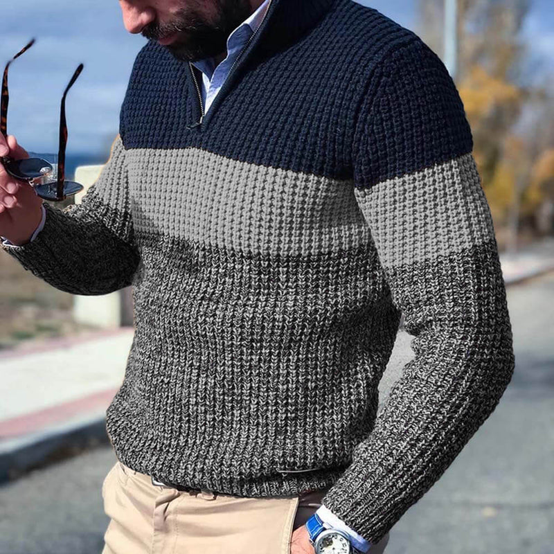 Modieuze herensweater met  couleurblock stijl en halve rits