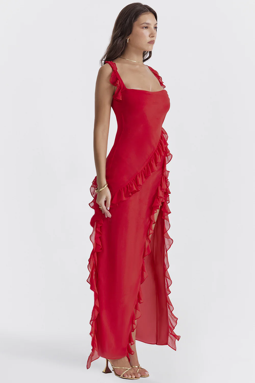 Lange elegante jurk met bandjes en ruches voor een feestelijke uitstraling