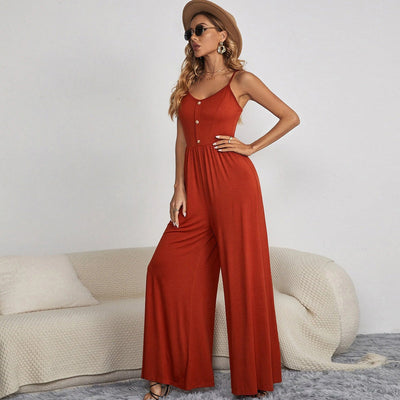 Zomerse dames jumpsuit met smalle bandjes en wijde broekspijpen