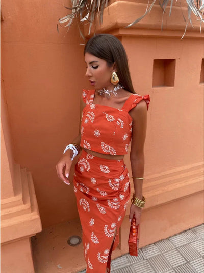 Tweedelige boho set met cropped top en stijlvolle midi rok