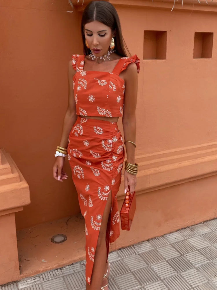 Tweedelige boho set met cropped top en stijlvolle midi rok