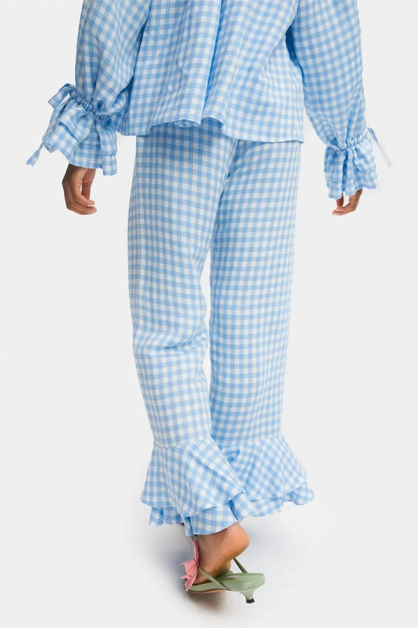 Miriam - bloomer linnen maxi vest jurk in Vichy blauw