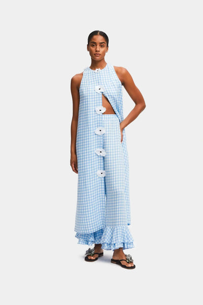 Miriam - bloomer linnen maxi vest jurk in Vichy blauw