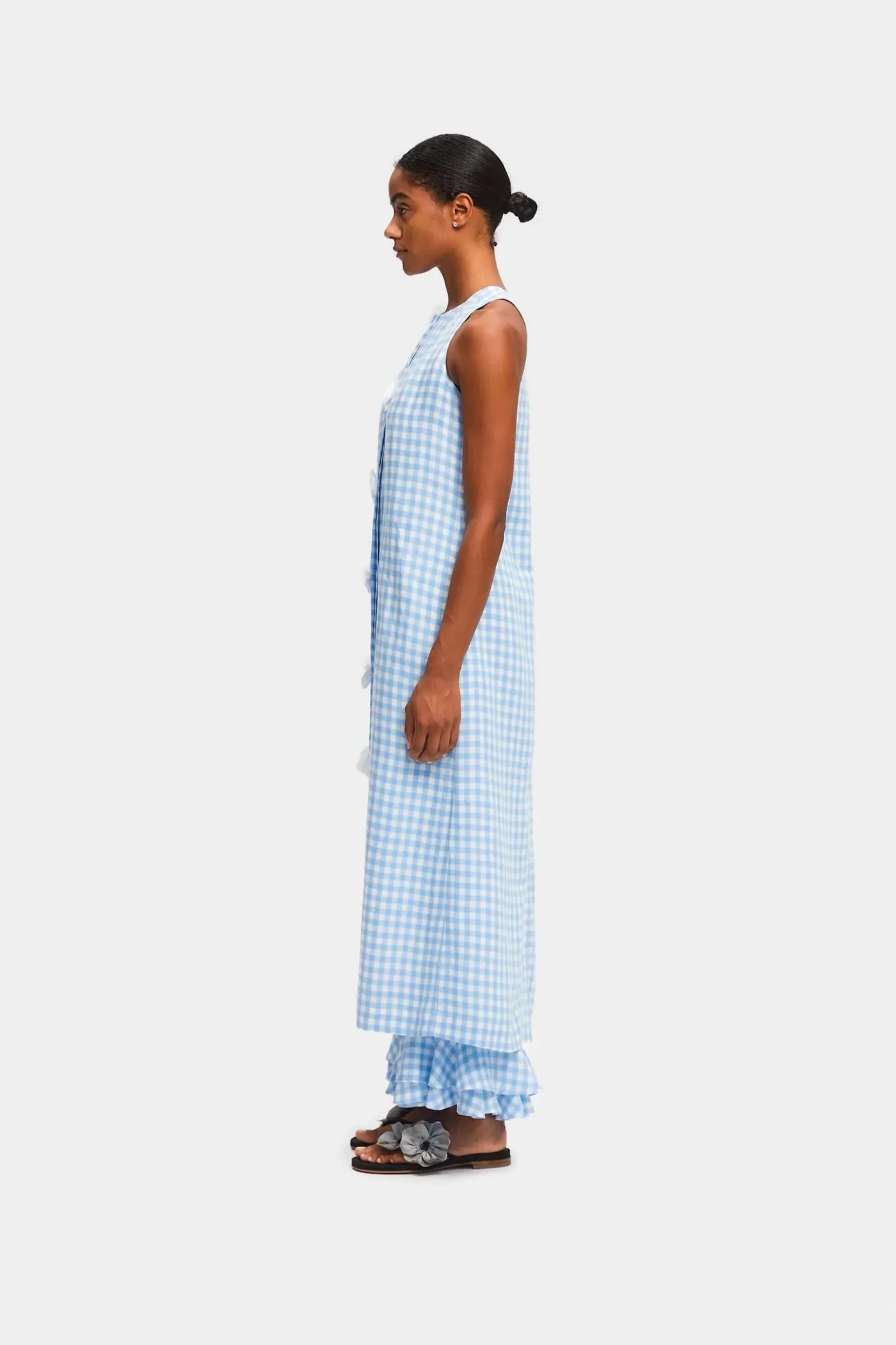 Miriam - bloomer linnen maxi vest jurk in Vichy blauw