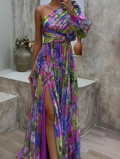 Lila - Paarse print met zijsplit en één mouw Sexy Maxi Dress
