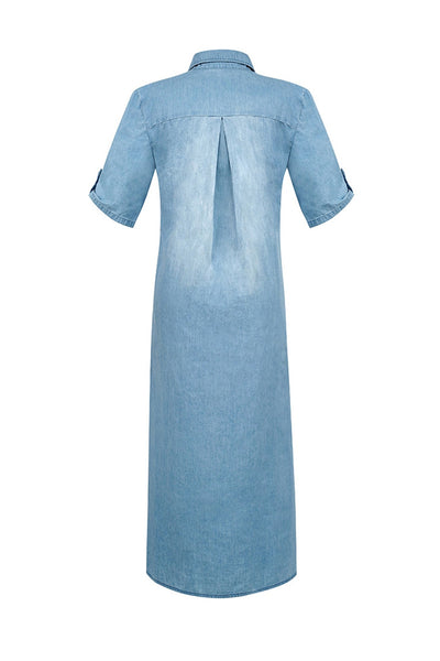 Pam - denim jurk met korte mouwen, revers en split opzij