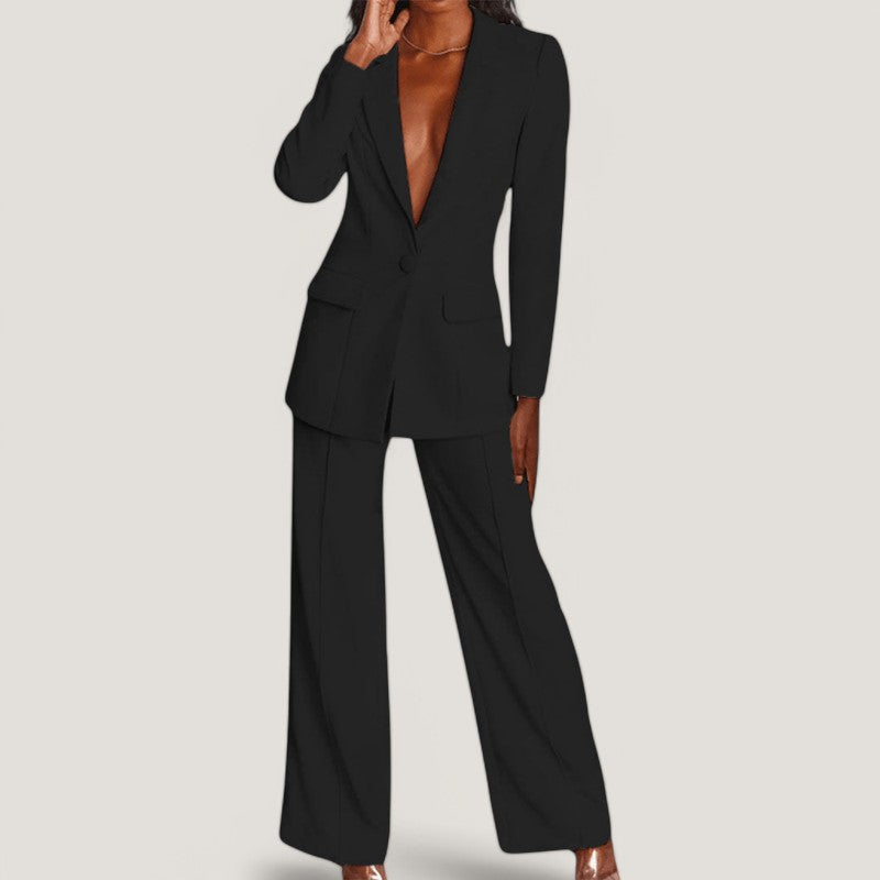 Stijlvol damespak met blazer en wijde broek voor een elegante uitstraling