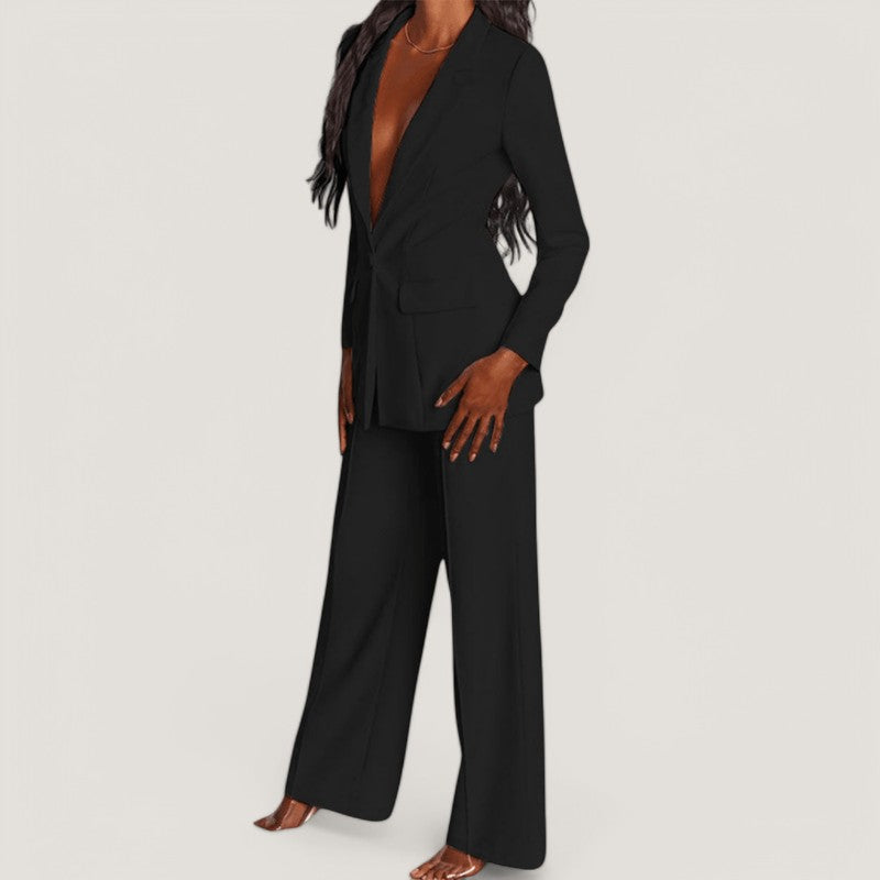 Stijlvol damespak met blazer en wijde broek voor een elegante uitstraling