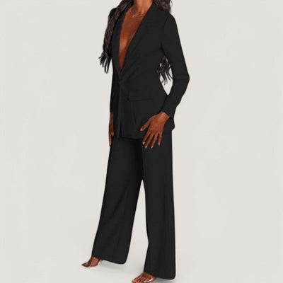 Stijlvol damespak met blazer en wijde broek voor een elegante uitstraling