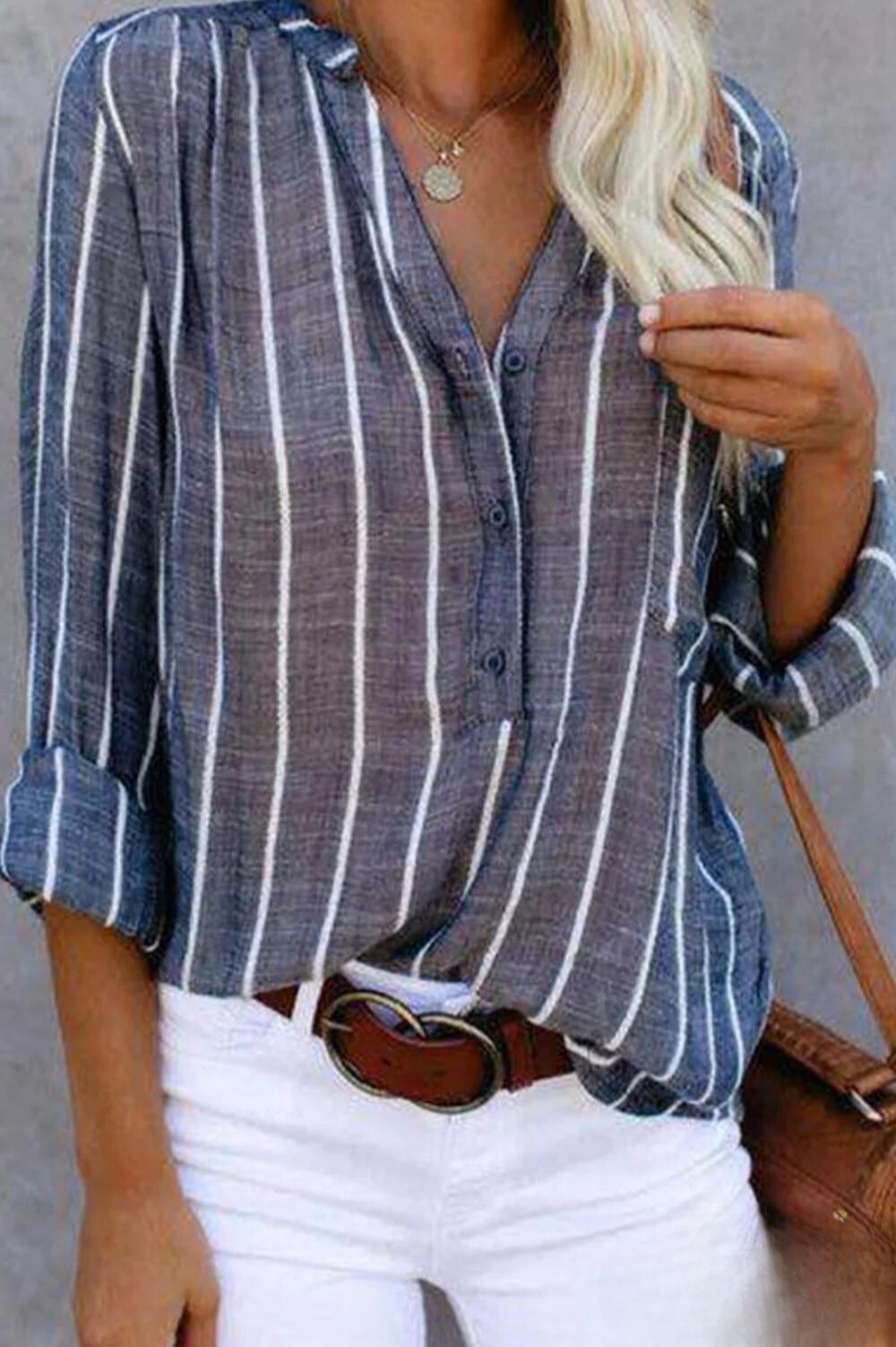 Lola - Button-down overhemd met opgestikte zak in gestreepte print