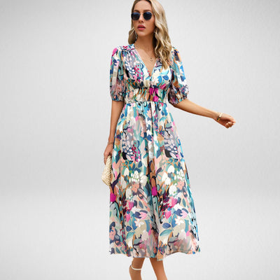 Midi jurk met geometrisch patroon en korte lanternmouwen