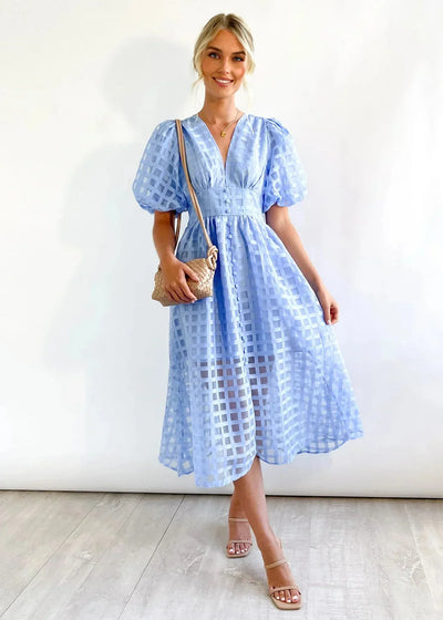Nicole - Midi jurk met vierkante print en mouwen met ruches by Beauty