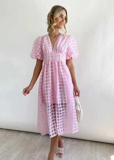 Nicole - Midi jurk met vierkante print en mouwen met ruches by Beauty