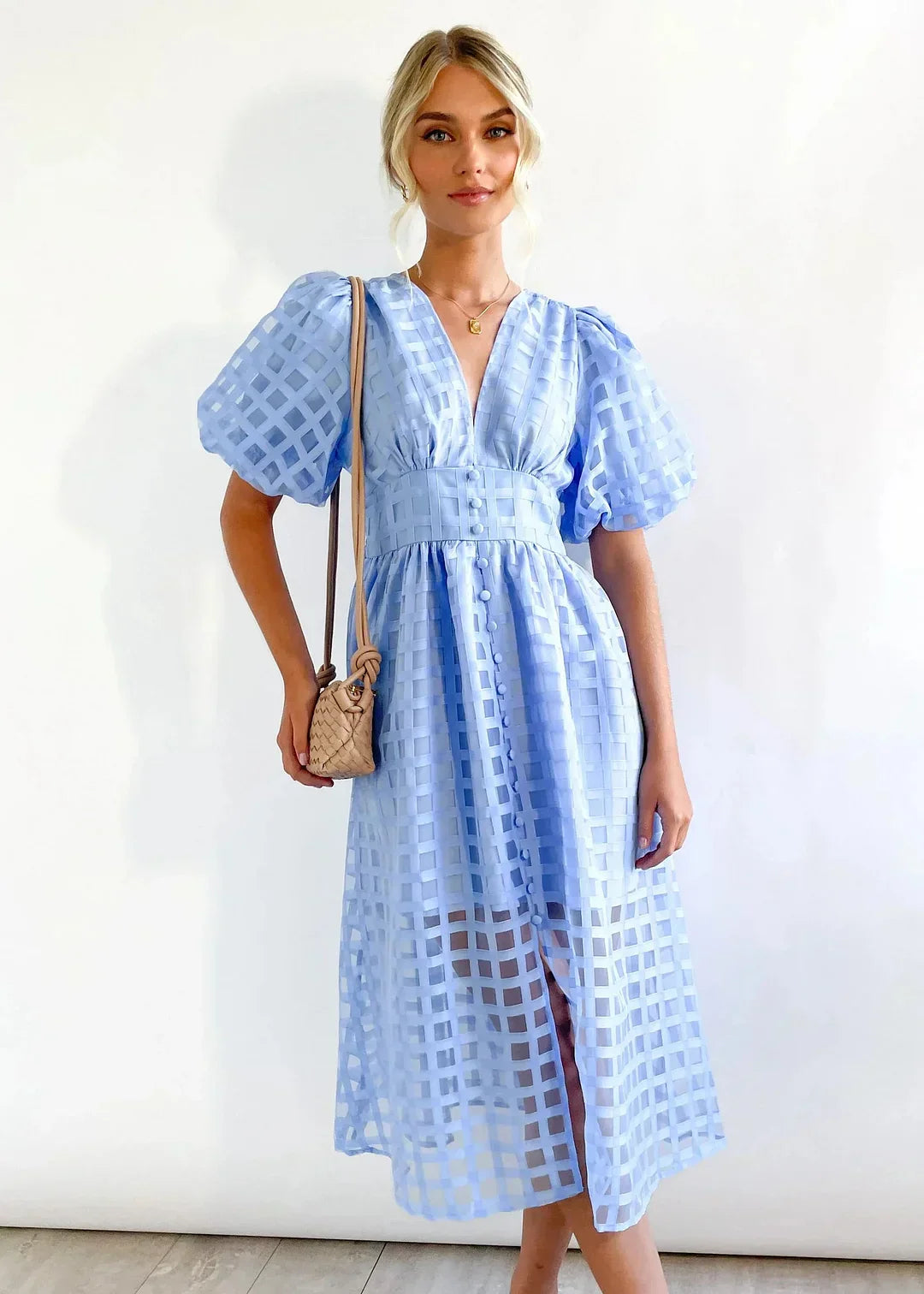 Nicole - Midi jurk met vierkante print en mouwen met ruches by Beauty