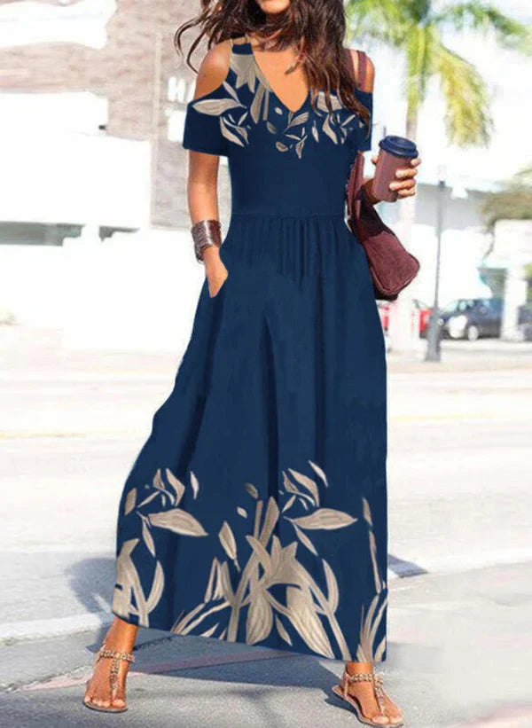 Fiona - Kobaltblaues Sommer-Maxikleid mit plissiertem V-Ausschnitt und kalten Schultern