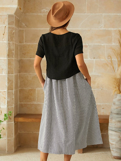 Sheyla - Korte Mouw Ronde Hals Ruit Casual Zomer Tweedelige Maxi Dress