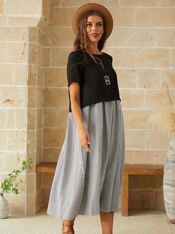 Sheyla - Korte Mouw Ronde Hals Ruit Casual Zomer Tweedelige Maxi Dress
