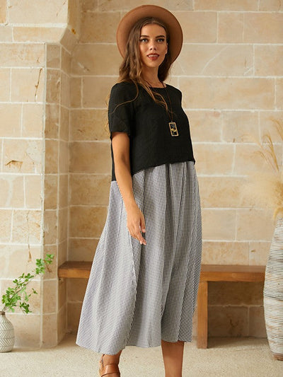 Sheyla - Korte Mouw Ronde Hals Ruit Casual Zomer Tweedelige Maxi Dress