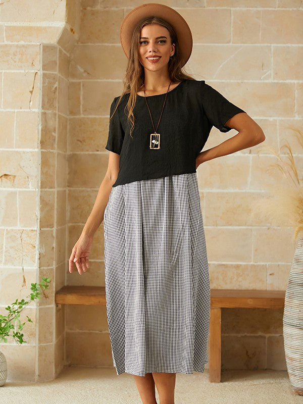 Sheyla - Korte Mouw Ronde Hals Ruit Casual Zomer Tweedelige Maxi Dress