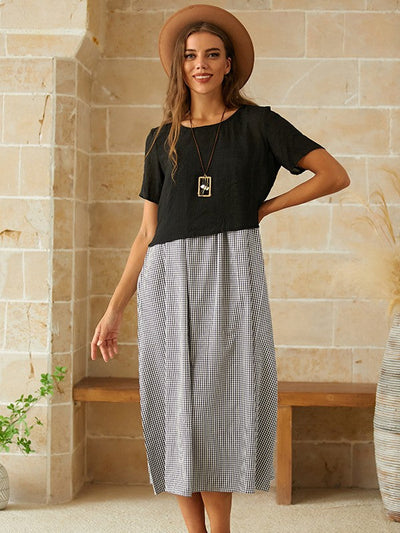 Sheyla - Korte Mouw Ronde Hals Ruit Casual Zomer Tweedelige Maxi Dress