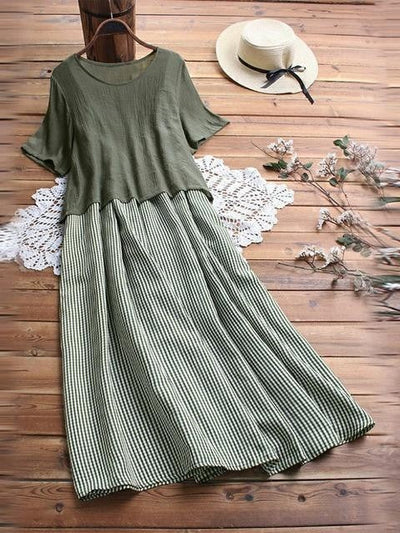 Sheyla - Korte Mouw Ronde Hals Ruit Casual Zomer Tweedelige Maxi Dress