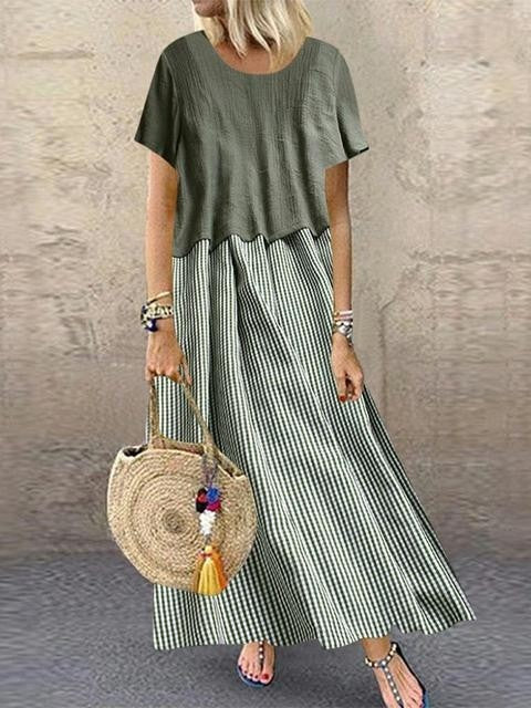 Sheyla - Korte Mouw Ronde Hals Ruit Casual Zomer Tweedelige Maxi Dress