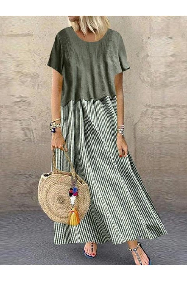 Sheyla - Korte Mouw Ronde Hals Ruit Casual Zomer Tweedelige Maxi Dress