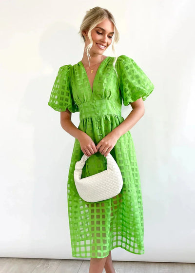 Nicole - Midi jurk met vierkante print en mouwen met ruches by Beauty