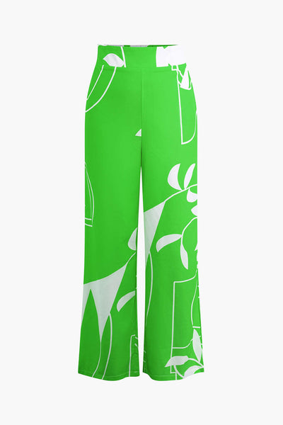 Tweedelige set met cropped top met strikbandjes en wijde broek met bamboebladerenprint