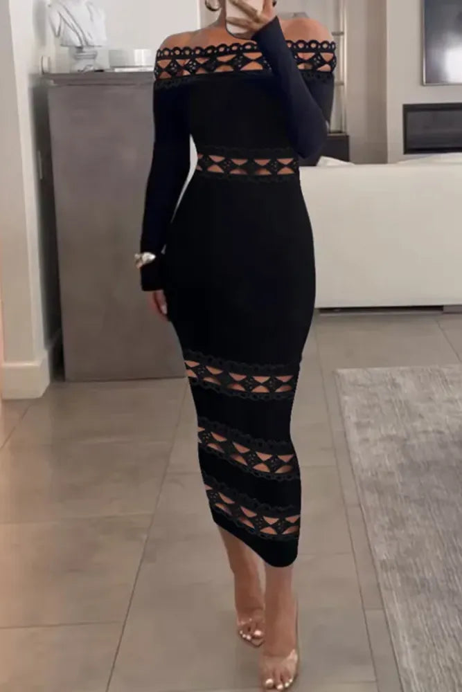 Getailleerde midi-jurk met lange mouwen, open details en off-shoulder ontwerp voor een stijlvolle uitstraling
