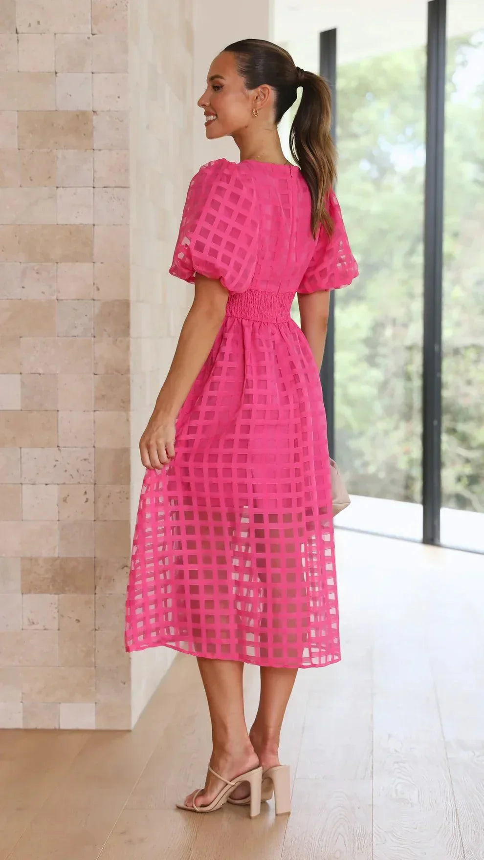 Nicole - Midi jurk met vierkante print en mouwen met ruches by Beauty