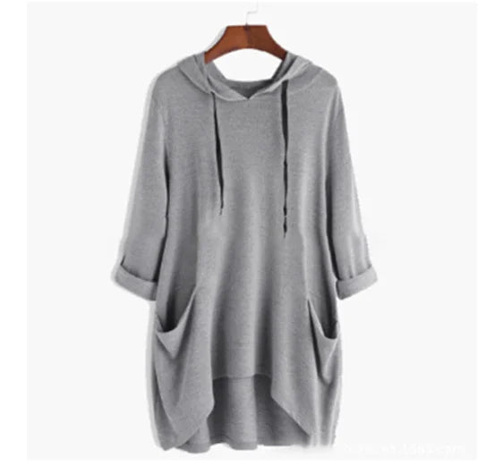 Helen - Vrouwen Hooded Solid Color Los Sweatshirt, Onregelmatige Zak Top