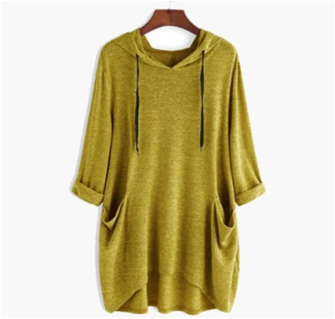 Helen - Vrouwen Hooded Solid Color Los Sweatshirt, Onregelmatige Zak Top