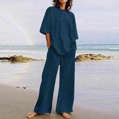 Frida - Casual riemtas set met O-hals top met halve mouwen en wijde broekspijpen