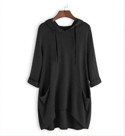 Helen - Vrouwen Hooded Solid Color Los Sweatshirt, Onregelmatige Zak Top