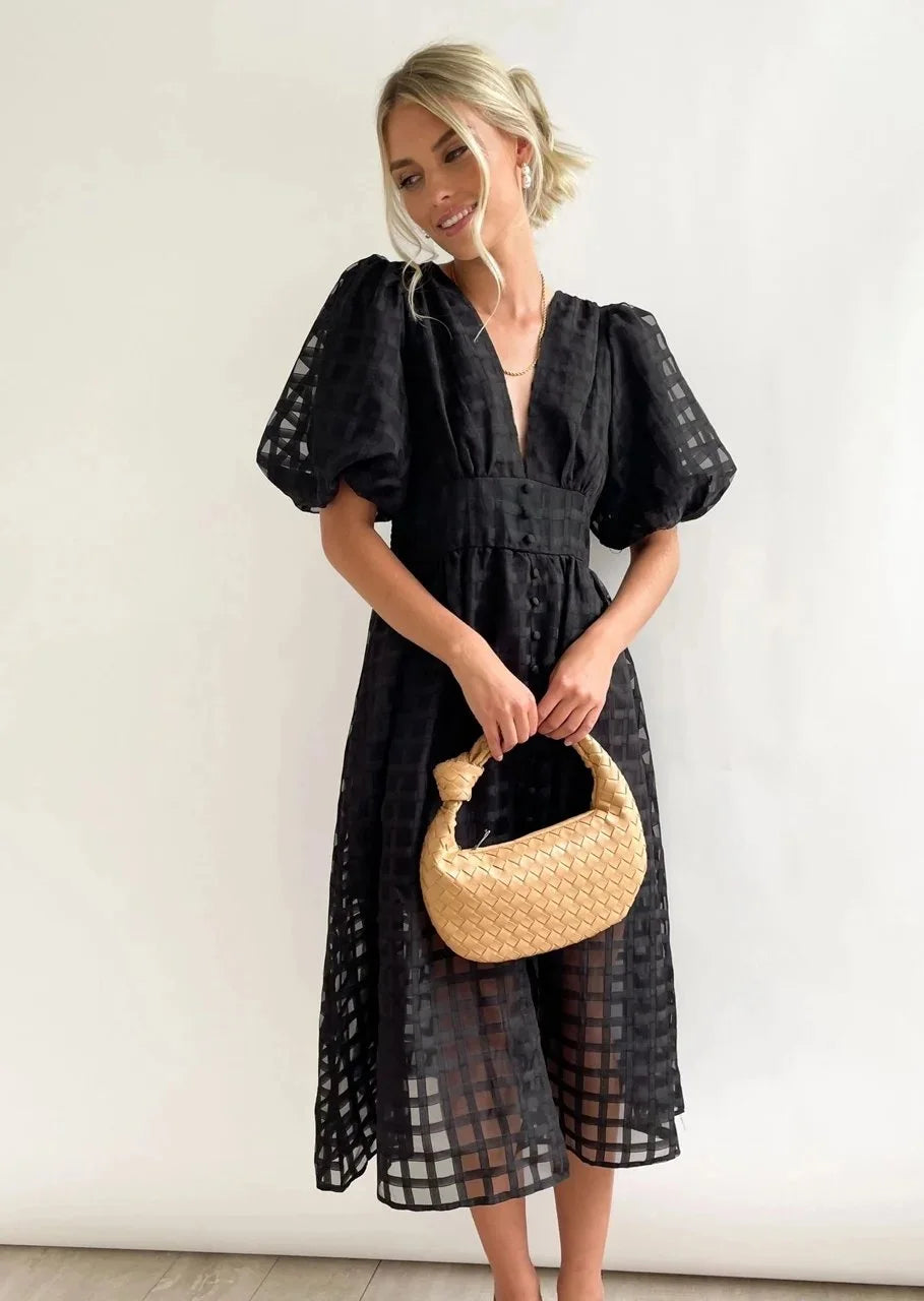 Nicole - Midi jurk met vierkante print en mouwen met ruches by Beauty