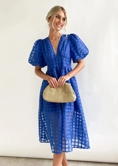 Nicole - Midi jurk met vierkante print en mouwen met ruches by Beauty