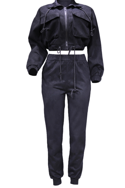Nonchalant Tweedelig Outfit met Ritskraag en Lange Mouwen