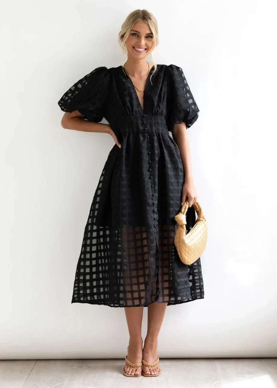 Nicole - Midi jurk met vierkante print en mouwen met ruches by Beauty
