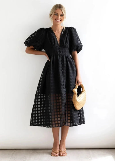 Nicole - Midi jurk met vierkante print en mouwen met ruches by Beauty