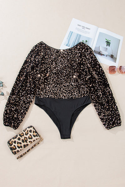 Elegante body met diepe V-hals, glinsterende accenten en pofmouwen