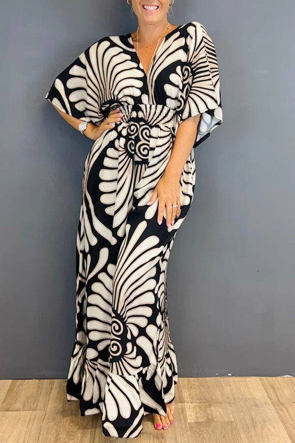 Vintage Jumpsuit met Bloemenprint en Mouwen met Ruches