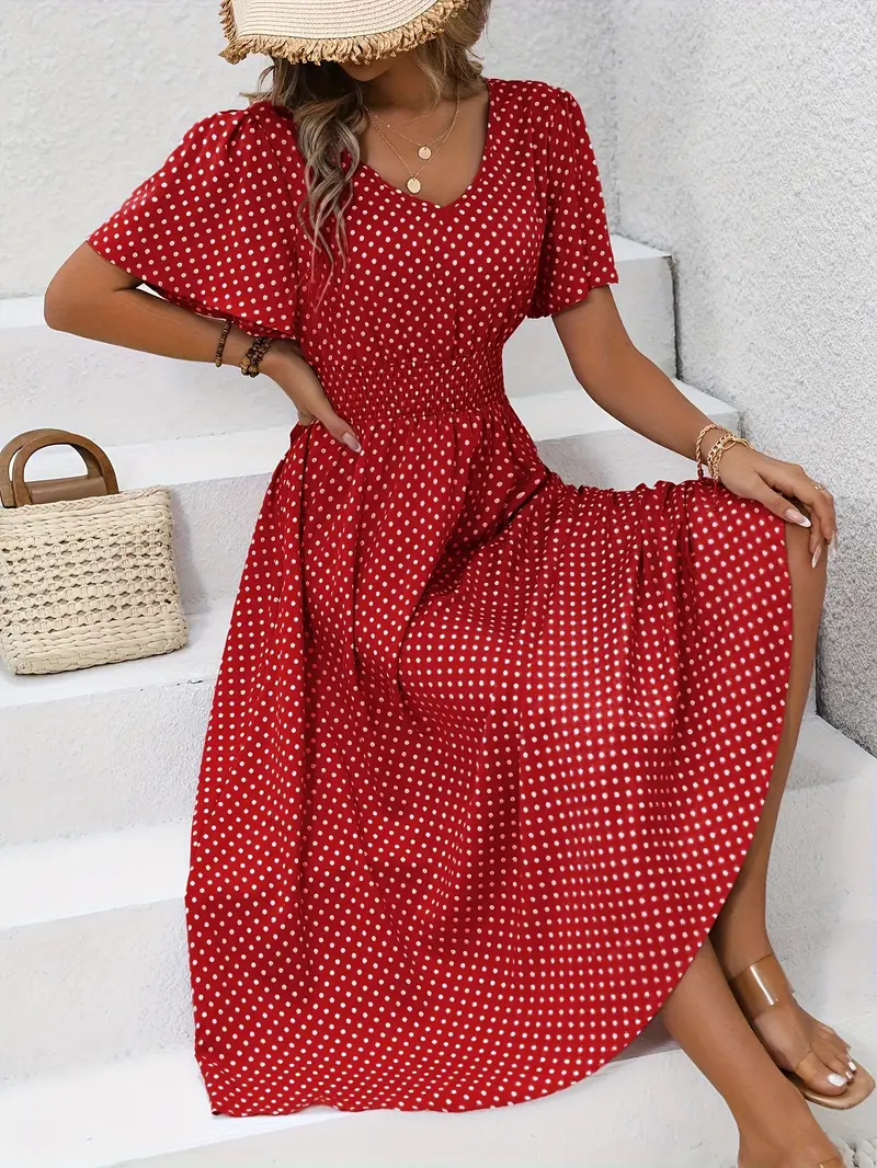 Carolina - Allover Print Shirred Waist Dress, Casual Jurk met Korte Mouwen