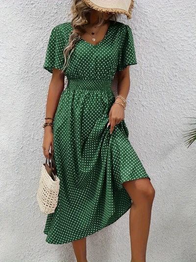 Carolina - Allover Print Shirred Waist Dress, Casual Jurk met Korte Mouwen